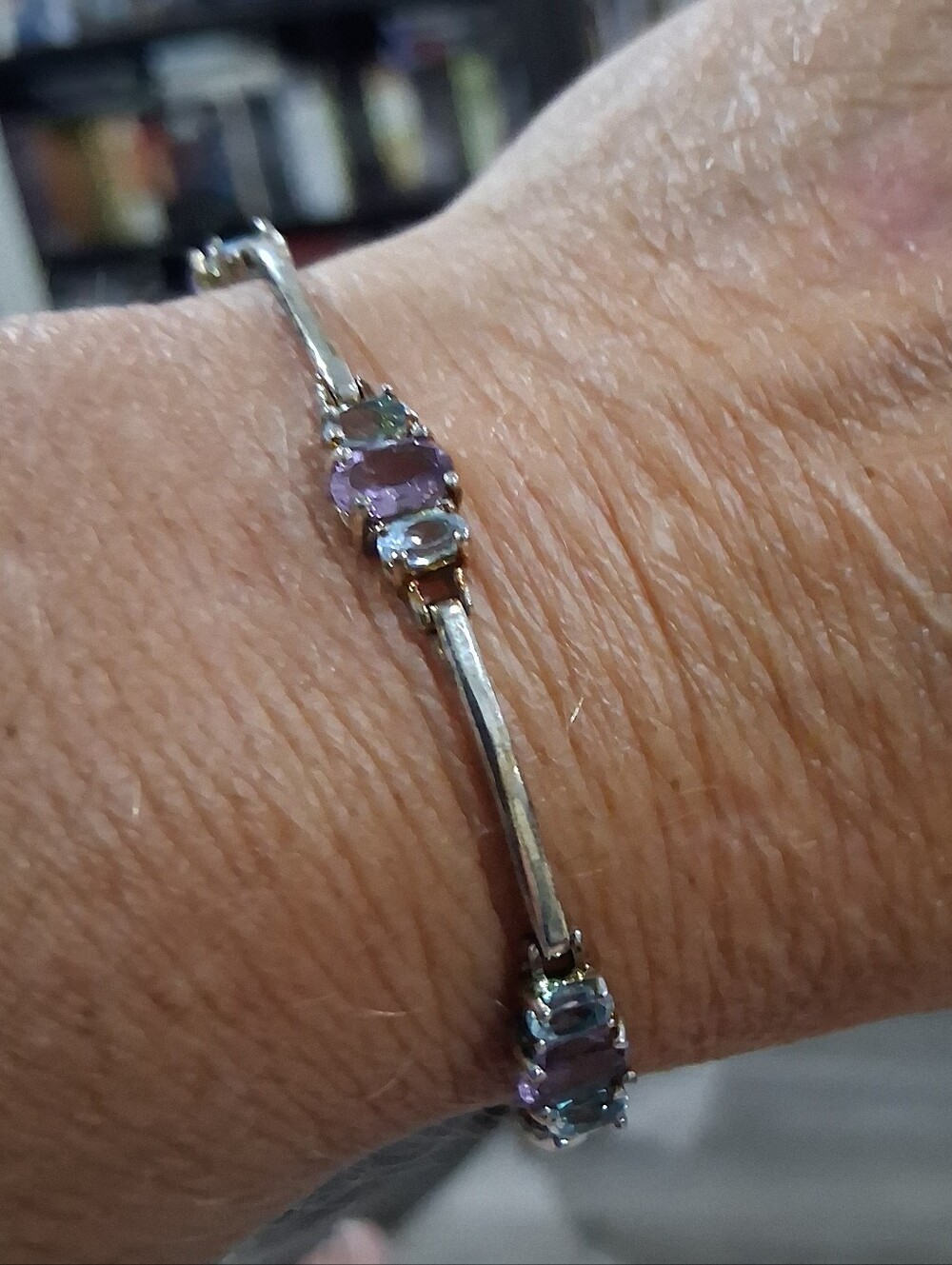 .925 SterlingSilver 8+ Ctw Amythyst & Blue Topaz Bracelet 7.5" SingleSafetyClasp